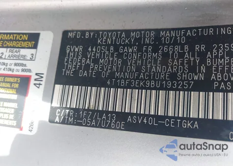 2011 Toyota Camry Xle from USA, damaged, VIN 4T1BF3EK9BU193257